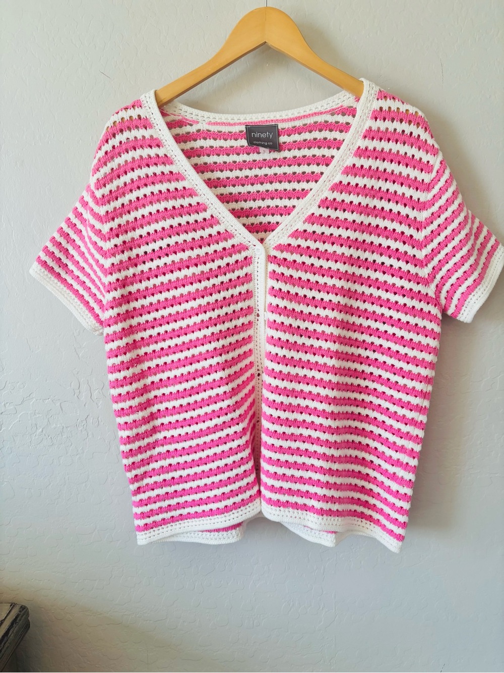 Ninety Pink and White Striped Crochet Short Sleeve Cardigan